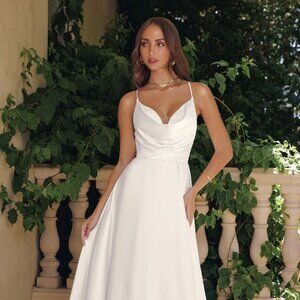 New A-Line Off White Wedding Dress w/ Cowl Neck & Sleeveless Design CD T714W